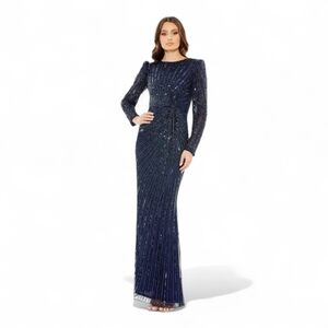 Mac Duggal 5641 Navy Embellished Puff Sleeve Side Knot Gown Size 10 $598
